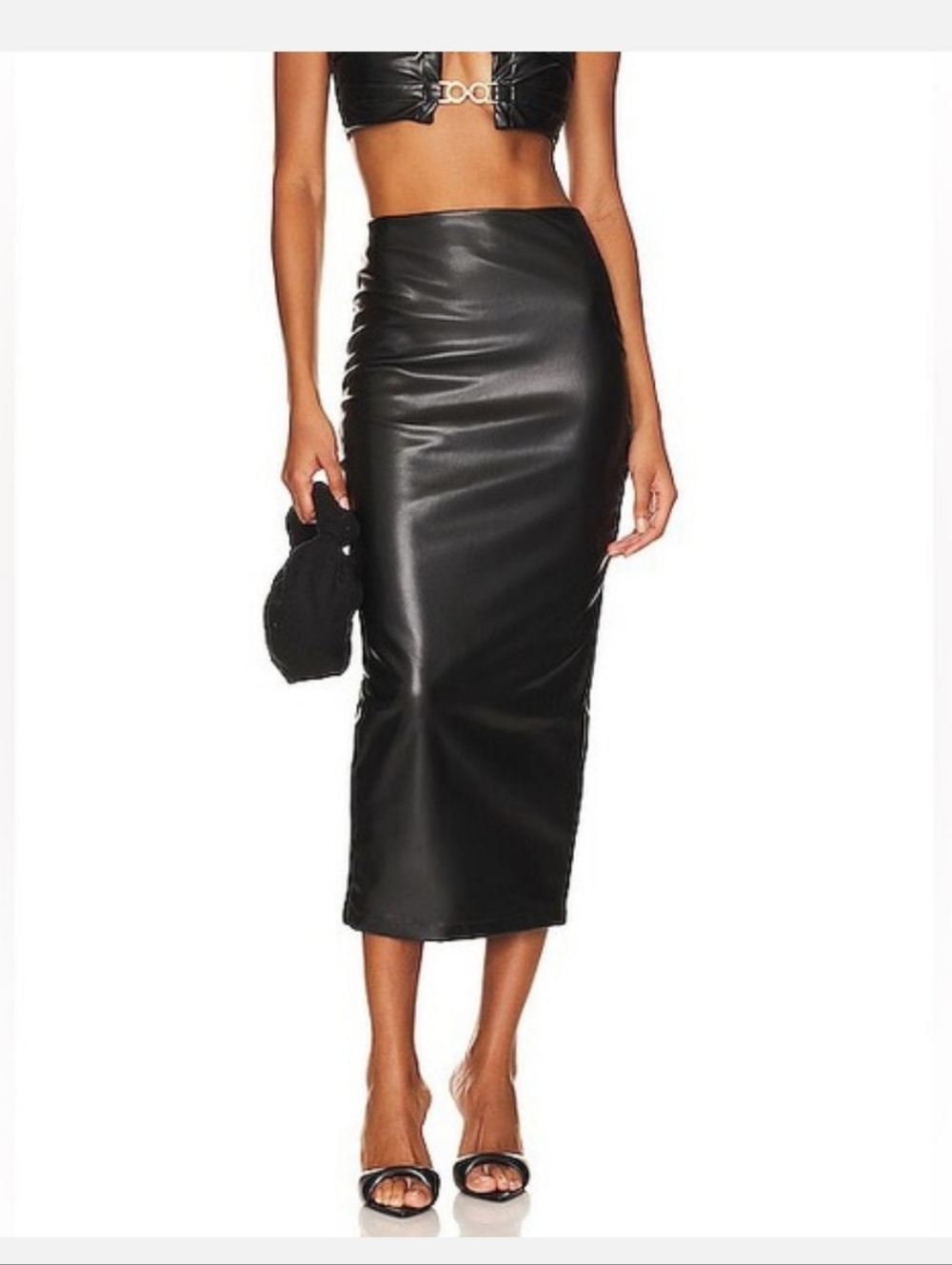 Nookie Drama Black Faux Leather High Rise Midi Skirt Size XS NWT